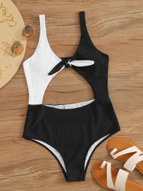 

Two Tone Knot Front One Piece Swimwear, Black and white