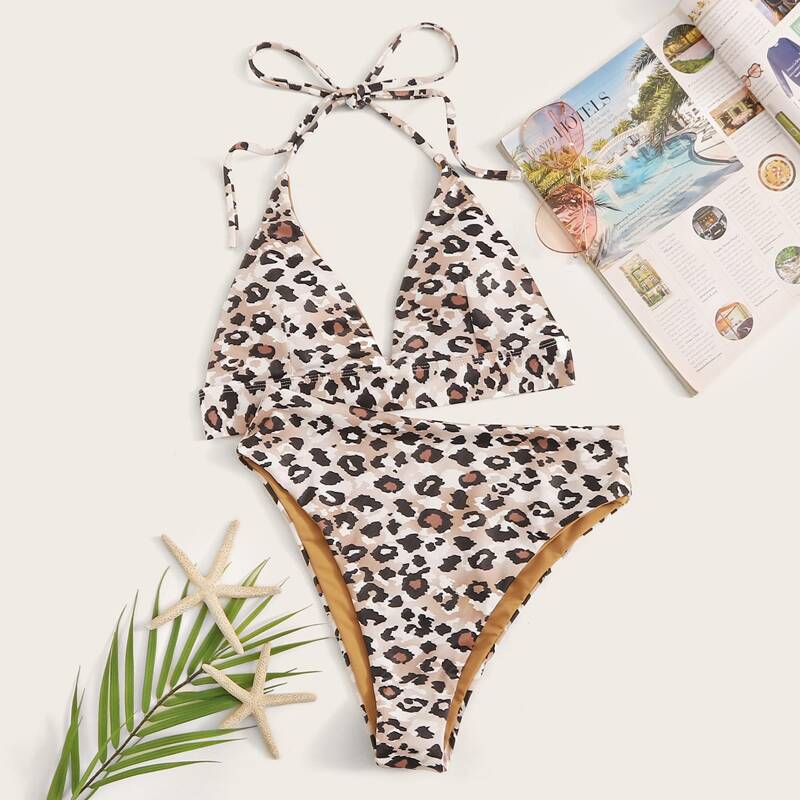 

Leopard Halter Top With High Cut Bikini Set, Multicolor