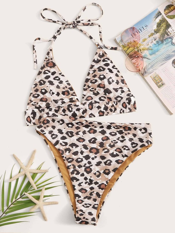 

Leopard Halter Top With High Cut Bikini Set, Multicolor