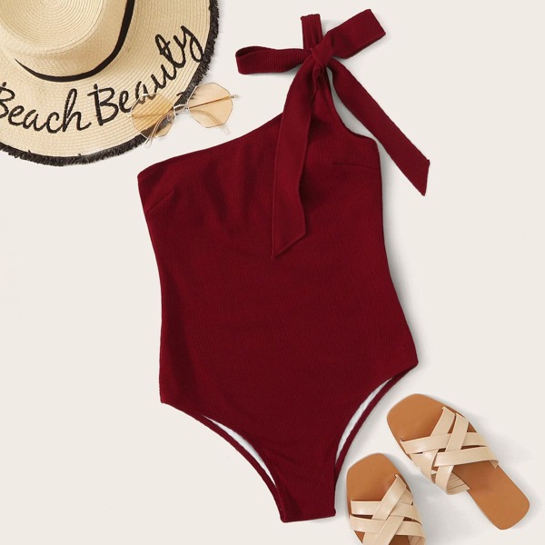 

Rib One Shoulder One Piece Swimsuit, Burgundy
