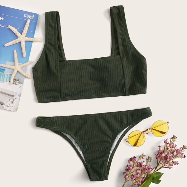

Solid Textured Bikini Set, Army green