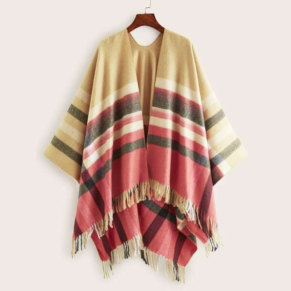 

Striped Fringe Hem Poncho Cardigan, Multicolor