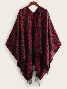 Graphic Fringe Hem Poncho Cardigan