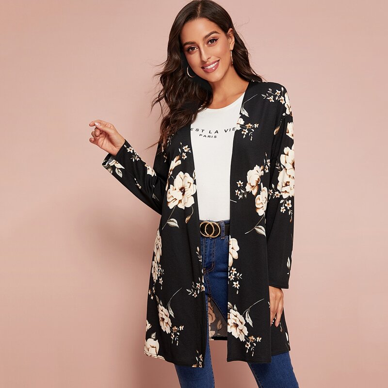 

Open Front Floral Print Coat, Black
