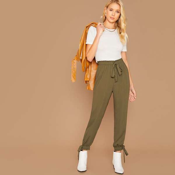

Paperbag Waist Knot Cuff Carrot Pants, Army green
