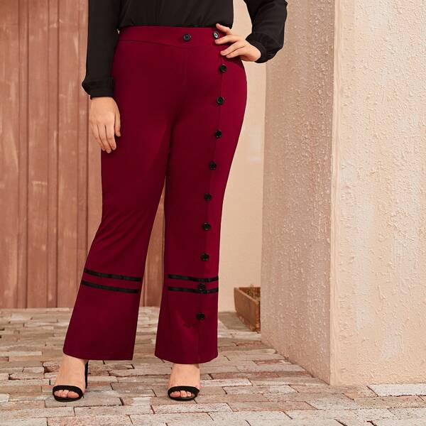 

Plus Button Detail Striped Trim Pants, Burgundy