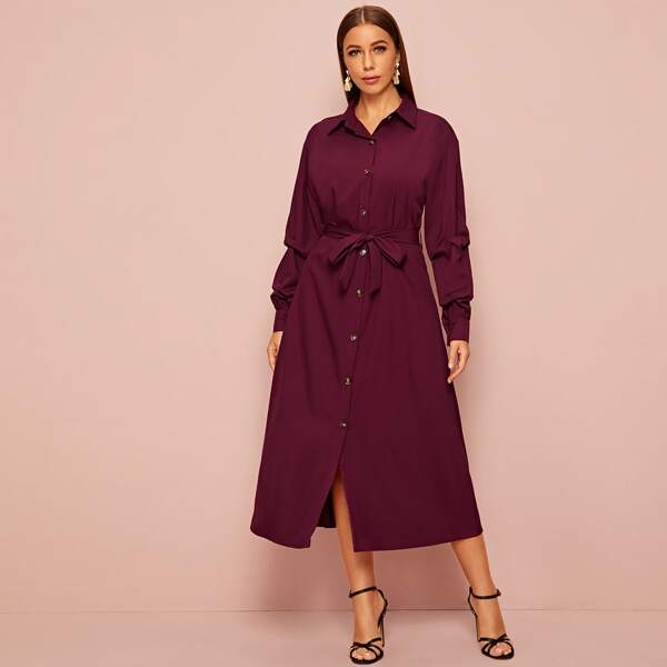 

Button Front Self Tie Shirt Dress, Burgundy