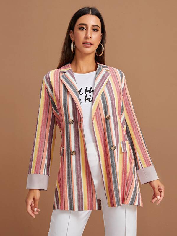 

Multi-Striped Double Button Blazer, Multicolor, Gabe