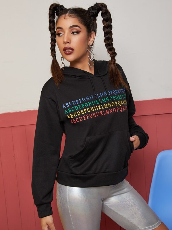 

Letter Graphic Kangaroo Pocket Hoodie, Black, Lucia