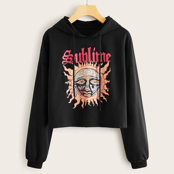 

Abstract Sun Print Drawstring Hoodie, Black