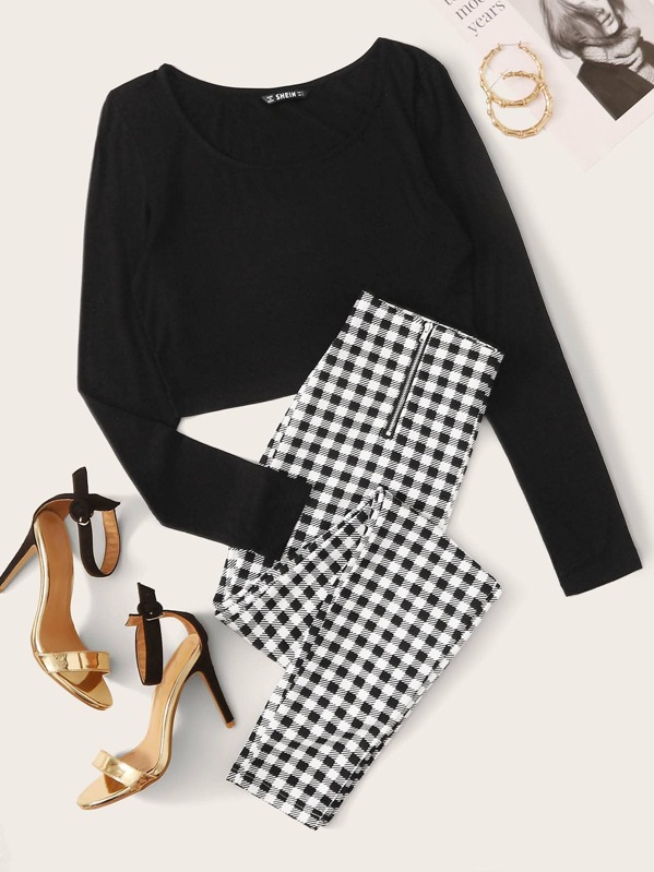 

Solid Top & Zip Up Plaid Pants Set, Black and white