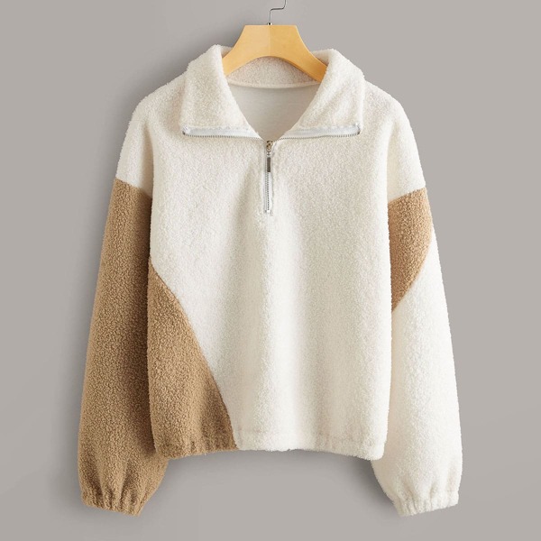 

Contrast Panel Quarter Zipper Teddy Sweatshirt, White