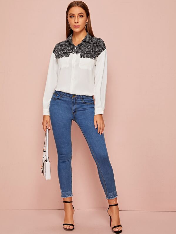 

Two Tone Button Through Blouse, White, Hanna