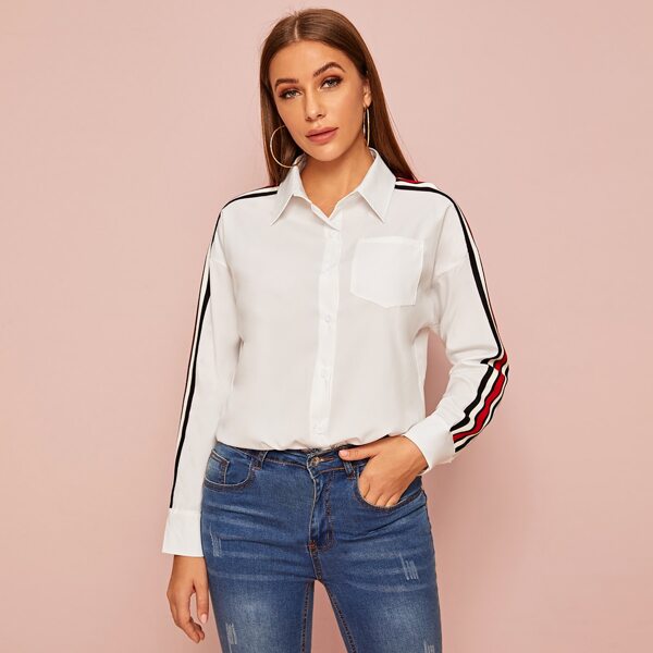 

Striped Tape Button Through Blouse, White