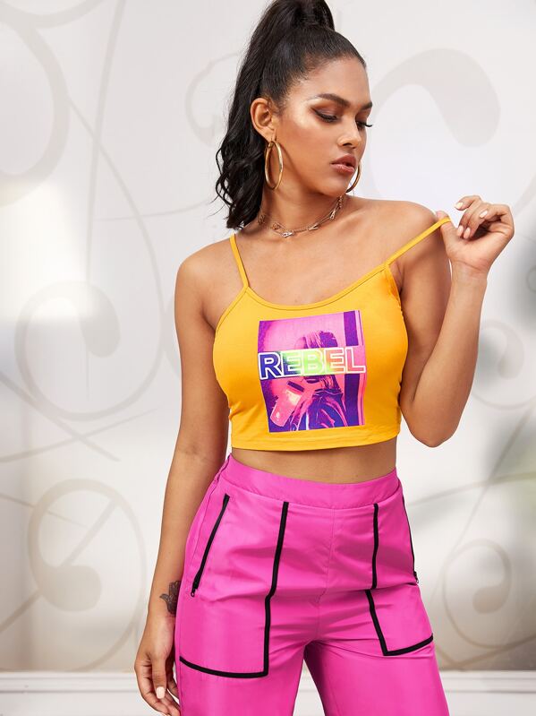 

Letter Graphic Crop Cami Top, Yellow, Tina