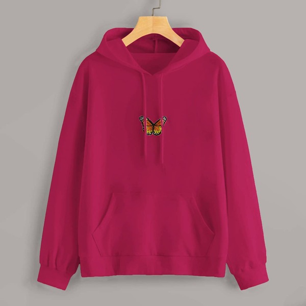 

Butterfly Patched Kangaroo Pocket Hoodie, Pink