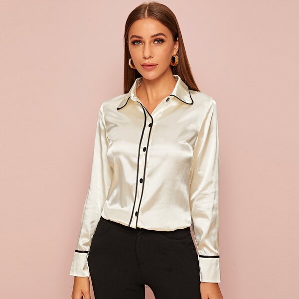 

Contrast Trim Button Through Satin Blouse, Beige