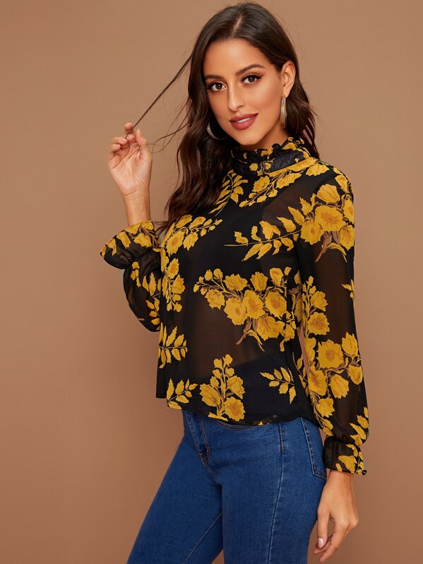

Plants Print Frill Trim Sheer Chiffon Blouse, Multicolor, Mary P.