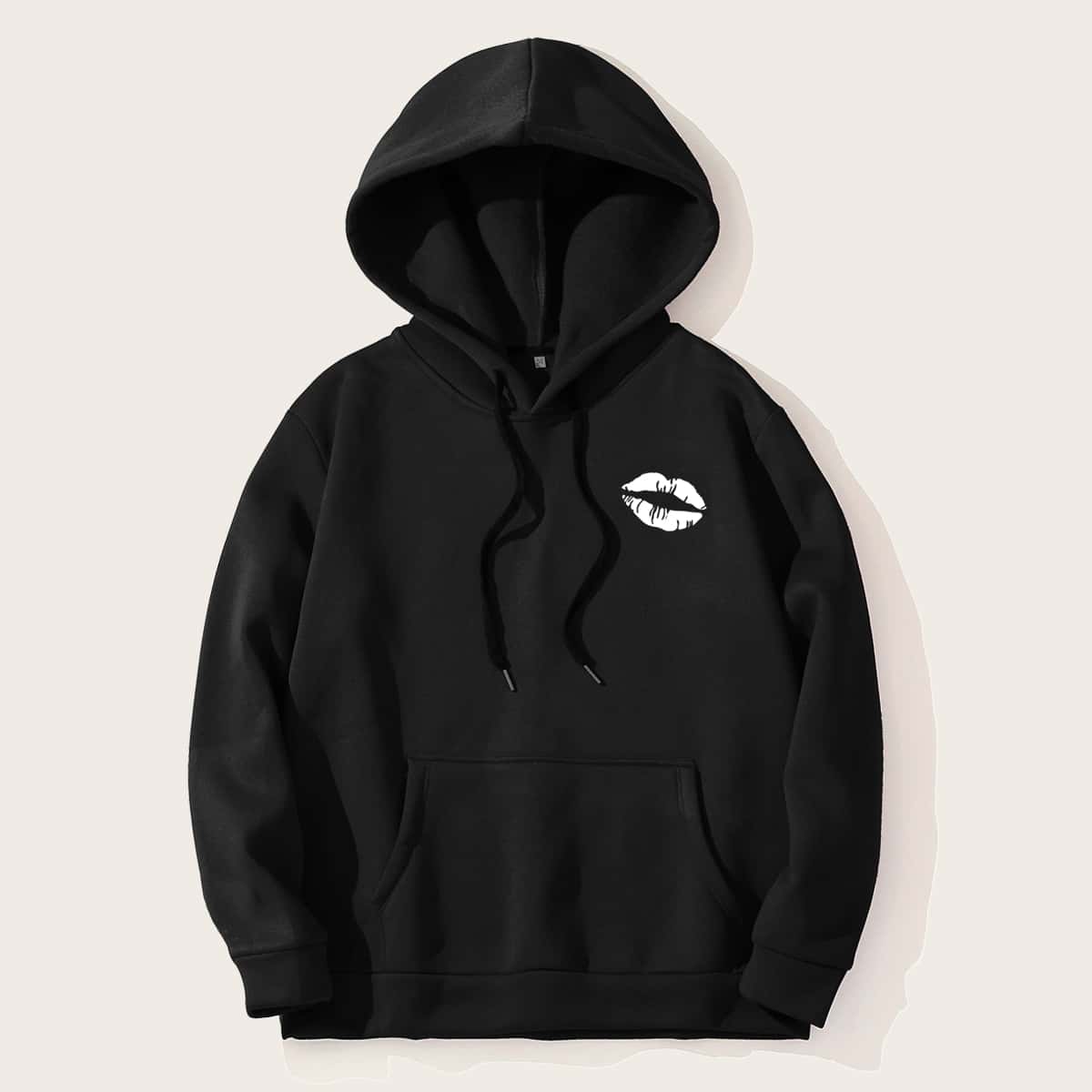 

Guys Lip Print Drawstring Hooded Sweatshirt, Black