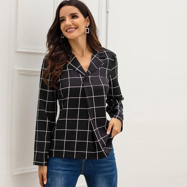 

Lapel Neck Plaid Ruched Blouse, Black