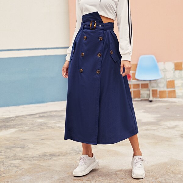 

Asymmetrical Waist Double Breasted Skirt, Navy