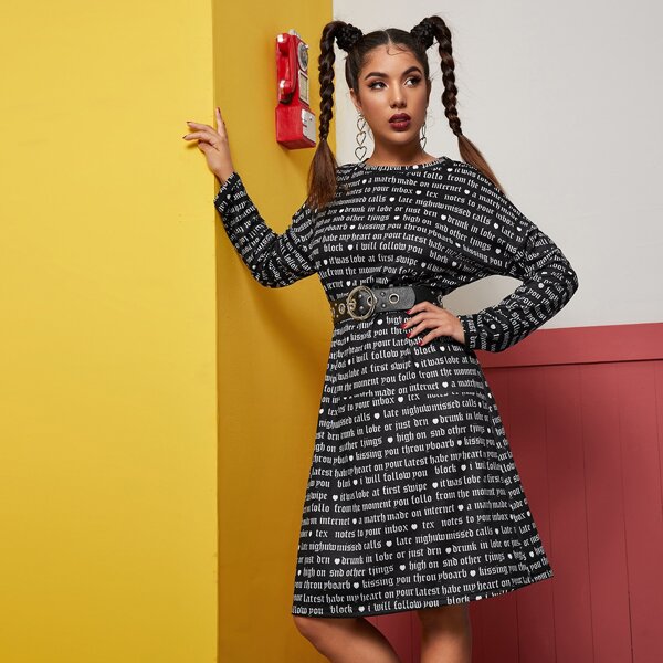 

Letter Graphic Drop Shoulder Tee Dress, Black and white