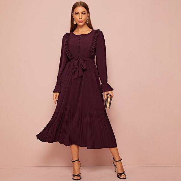 

Ruffle Trim Pleated Self Tie A-line Dress, Burgundy