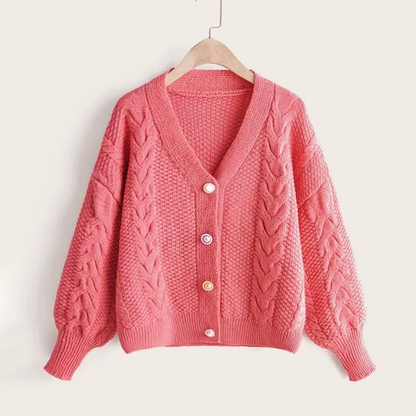 

Solid Cable-knit Drop Shoulder Cardigan
