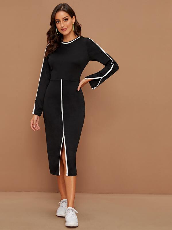 

Contrast Trim Split Front Fitted Dress, Black, Mary P.
