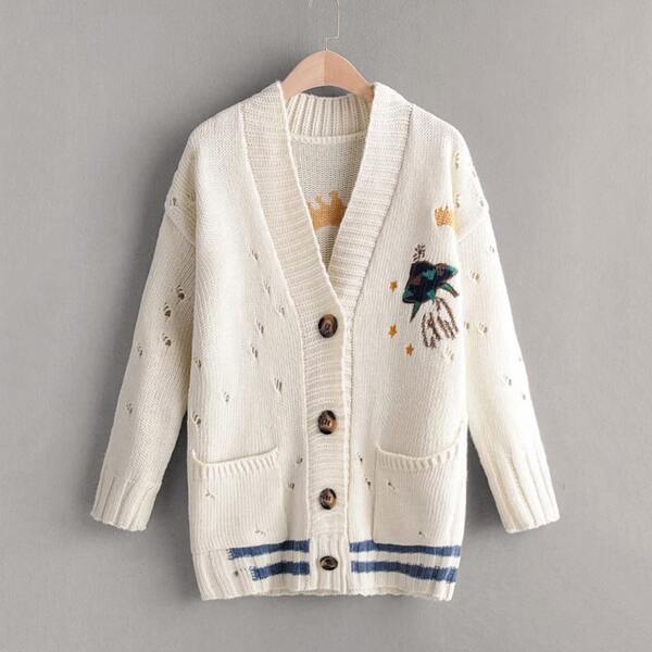 

Dual Pocket Striped Ripped Embroidery Cardigan, White