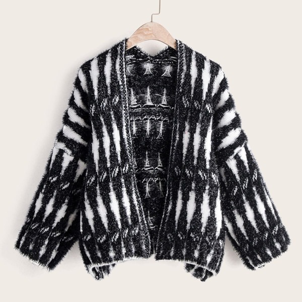 

Black And White Open Front Fuzzy Cardigan
