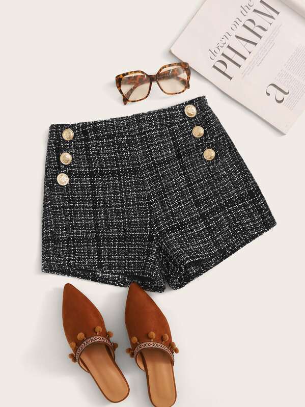 

Button Side Tweed Shorts, Black