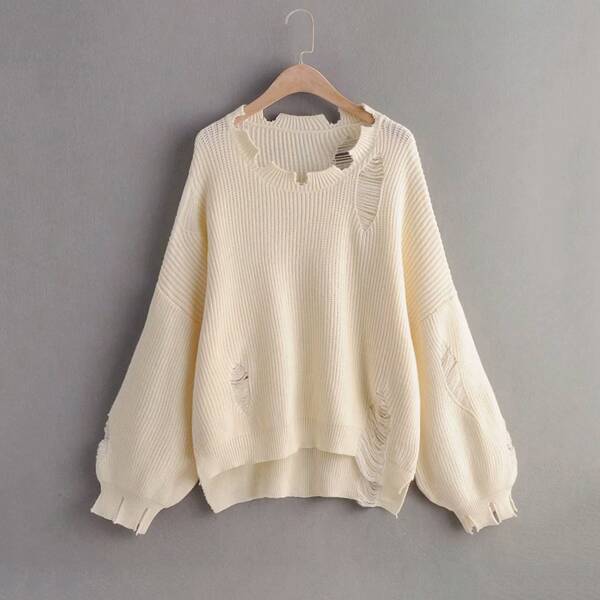 

Bishop Sleeve Ripped High Low Oversized Sweater