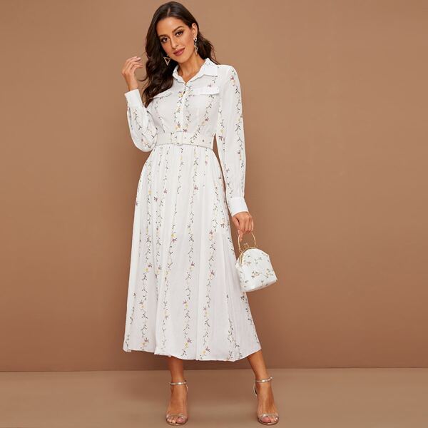 

Floral Print Belted Shirt Dress, White