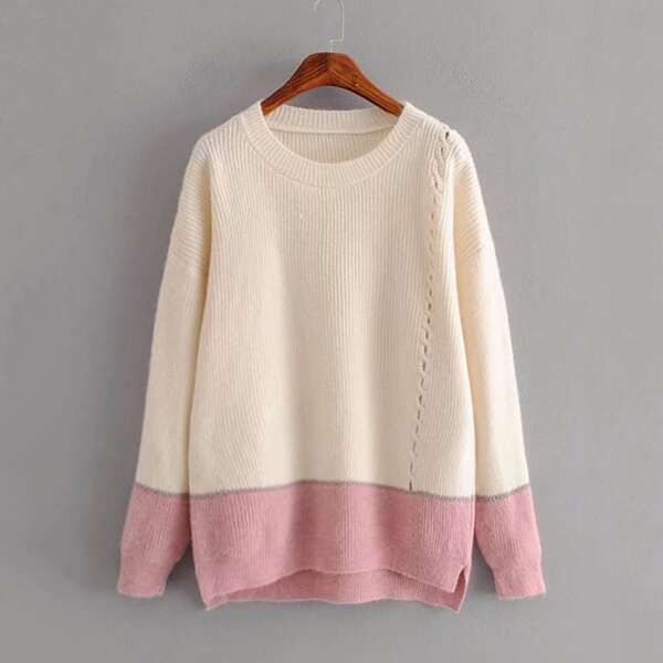 

Contrast Dip Hem Cable Pattern Sweater