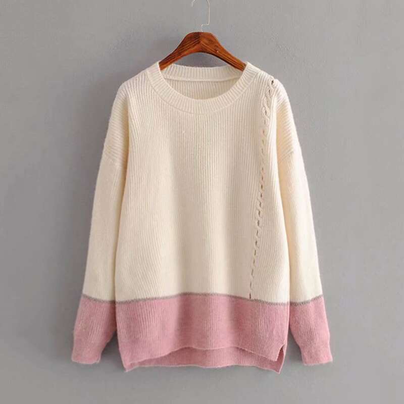 

Contrast Dip Hem Cable Pattern Sweater, Beige