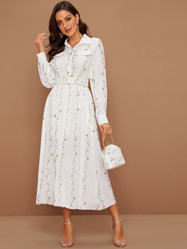 

Floral Print Belted Shirt Dress, White, Mary P.
