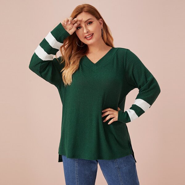 

Plus Stripe Cuff Slit Hem Top, Green