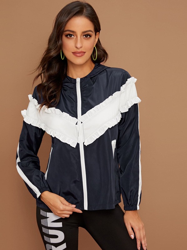 

Contrast Panel Frill Trim Windbreaker Jacket, Multicolor, Mary P.