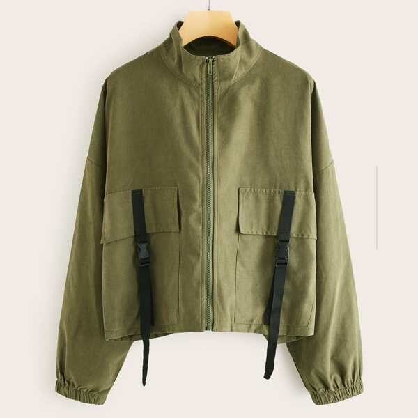 

Buckle Tape Zip Up Jacket, Army green