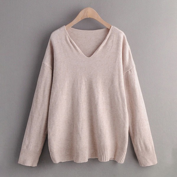 

V-neck Drop Shoulder Solid Sweater, Khaki