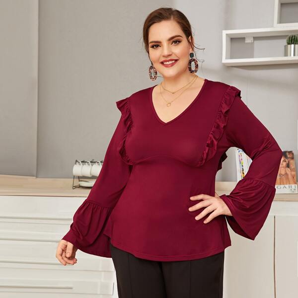 

Plus Flounce Sleeve Frill Tee, Burgundy