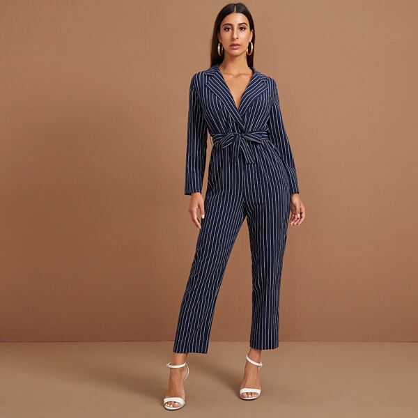 

Striped Lapel Neck Self Tie Jumpsuit, Navy