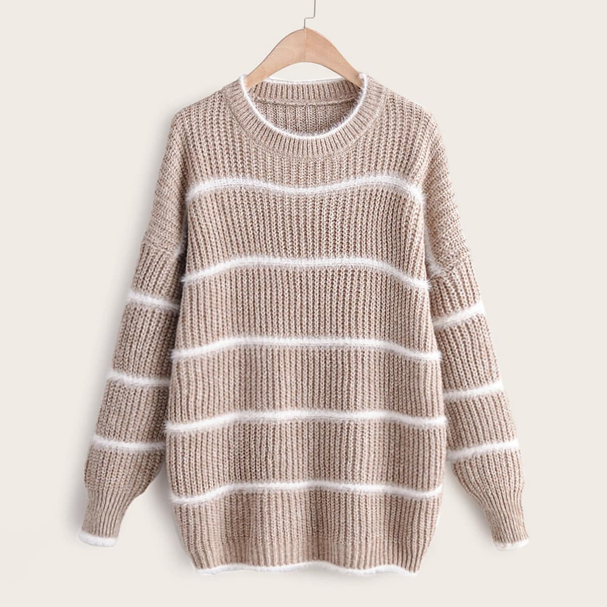 Stripe Pattern Drop Shoulder Sweater, Khaki