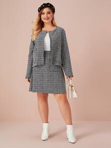 Cazadora tweed con falda midi con bolsillo delantero - grande - Negro - Ver 4
