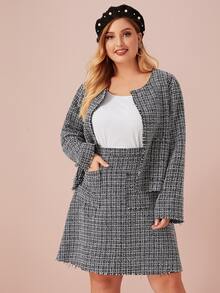 Cazadora tweed con falda midi con bolsillo delantero - grande - Negro - Ver 5