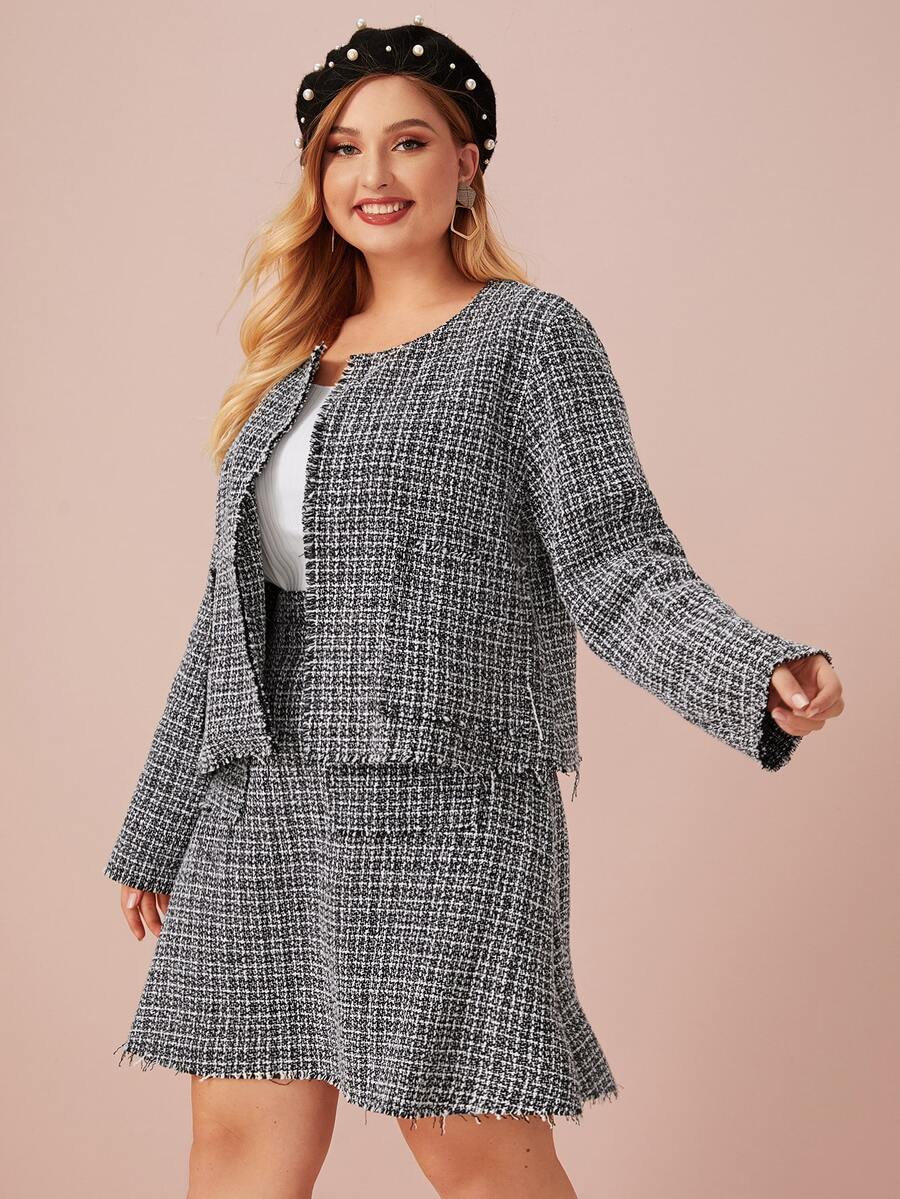 Cazadora tweed con falda midi con bolsillo delantero - grande - Negro - Ver 1