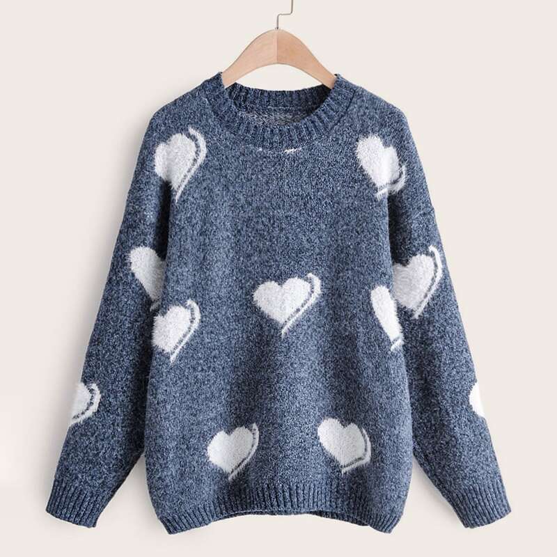 

Space Dye Heart Pattern Drop Shoulder Jumper, Navy