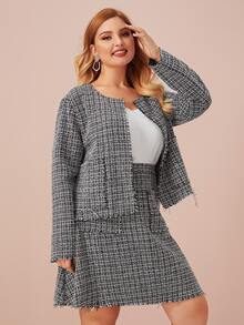 Cazadora tweed con falda midi con bolsillo delantero - grande - Negro - Ver 3