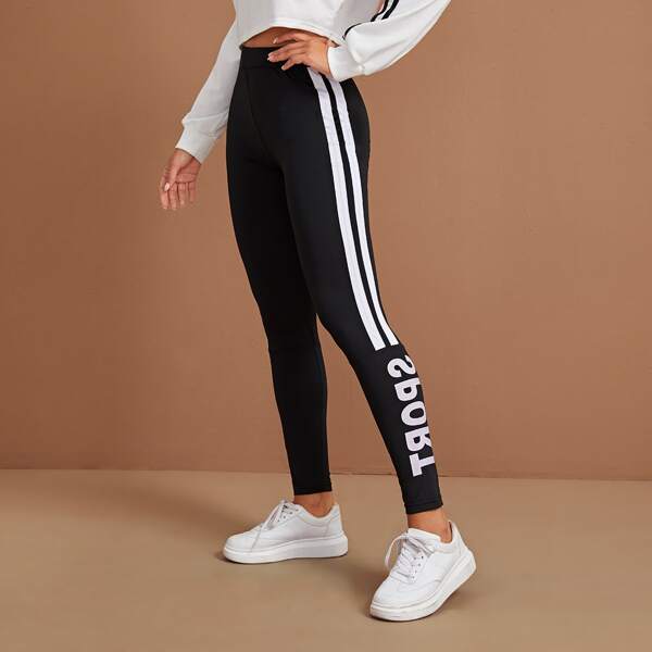 

Letter Graphic Striped Skinny Leggings, Black